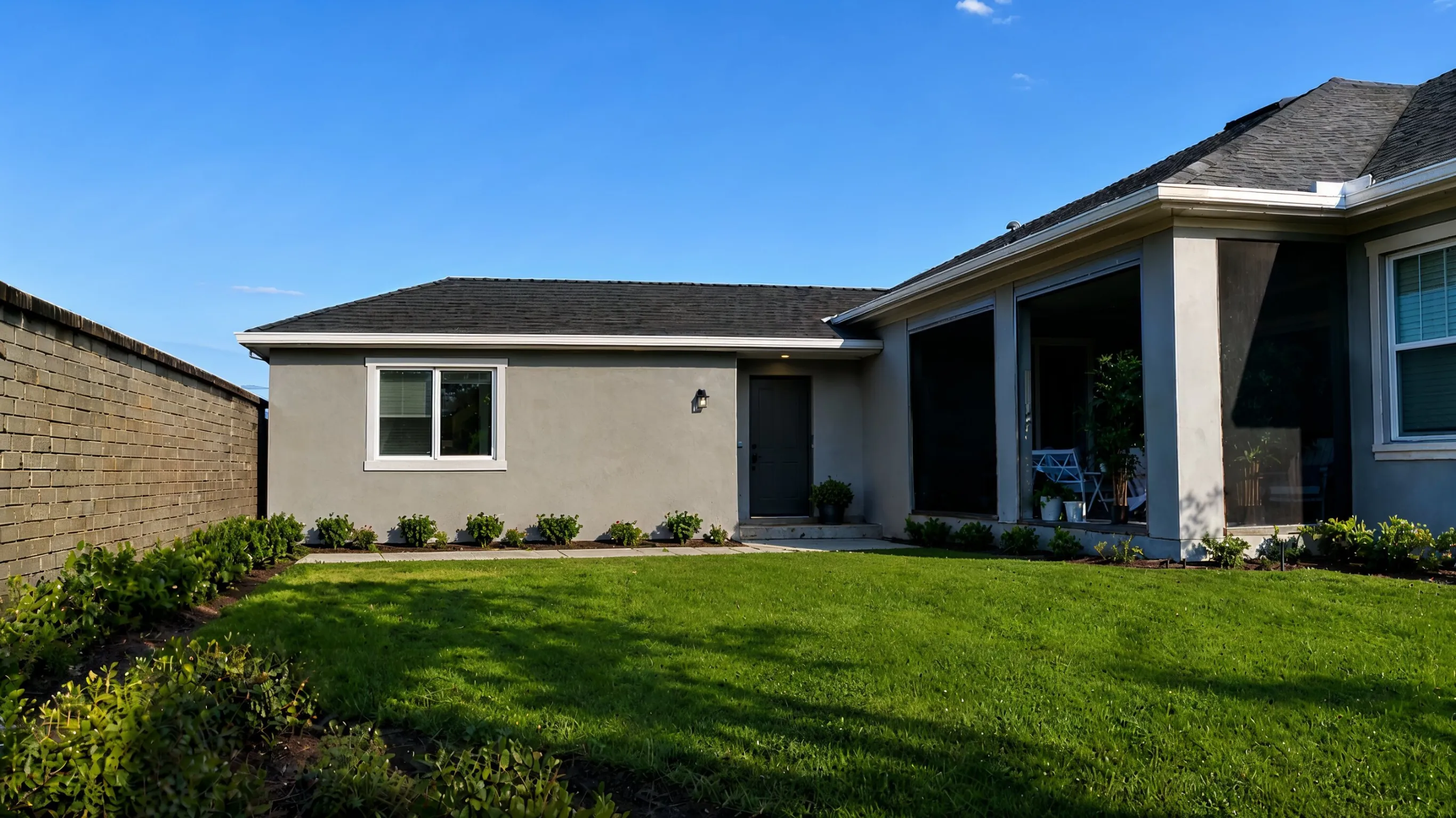 Attached ADU project in Los Angeles showing a side yard home extension connected to the main house with stucco exterior, matching roofline, private entry door, and landscaped lawn